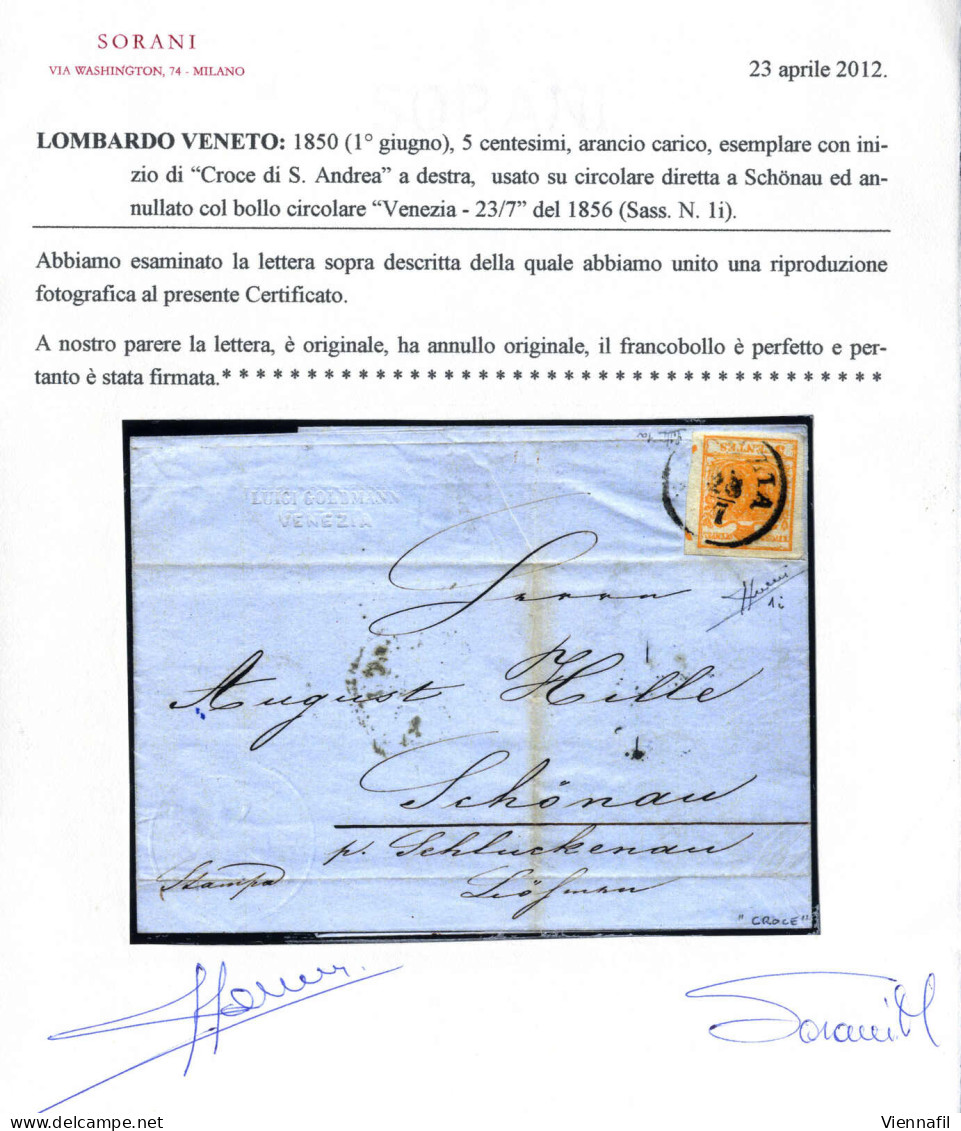 Cover 1856, Lettera Da Venezia Del 23.7 Per Schönau Affrancata Con 5 C. Arancio Carico, Inizio Di Croce Di S. Andrea A S - Lombardy-Venetia