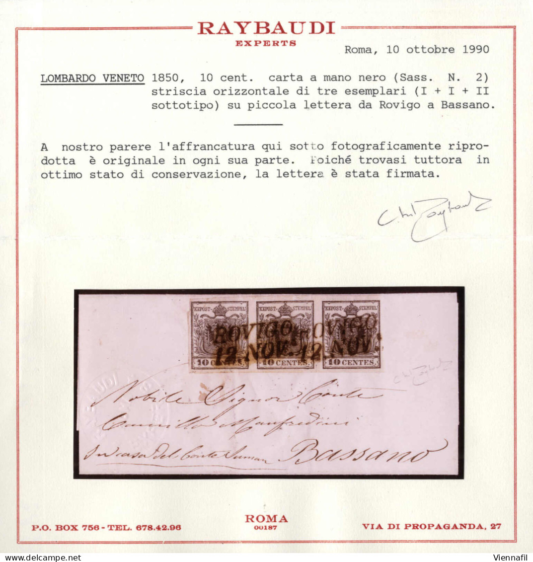 Cover 1850, Lettera Da Rovigo Del 12.11 Per Bassano Affrancata Con Striscia Di Tre Del 10 C. Nero Carta A Mano Due Sotto - Lombardo-Vénétie