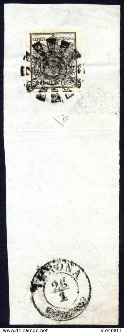 Piece 1850, Verona, (M, 2CO Punti 11), Grande Frammento Del 26.1 Affrancato Con 10 C. Nero Carta A Mano, Sass. 2 / 1425, - Lombardo-Vénétie