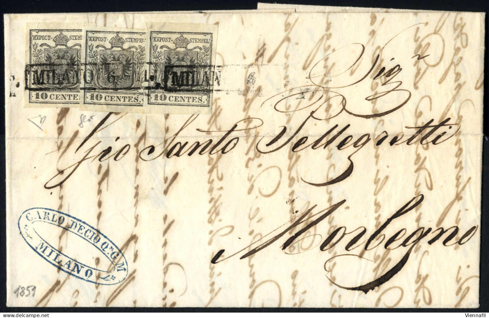 Cover 1851, Lettera Da Milano Il 6.11 Per Morbegno Affrancata Con Tre 10 C. Grigio Nero Carta A Mano, Firmata ED, Sass.  - Lombardo-Venetien