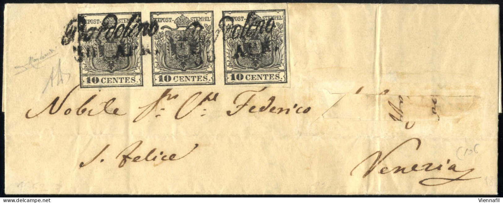 Cover 1852, Lettera Da Bardolino (Cor. Punti 5) Per Venezia Affrancata Con Striscia Di Tre Del 10 C. Grigio Nero Carta A - Lombardo-Vénétie