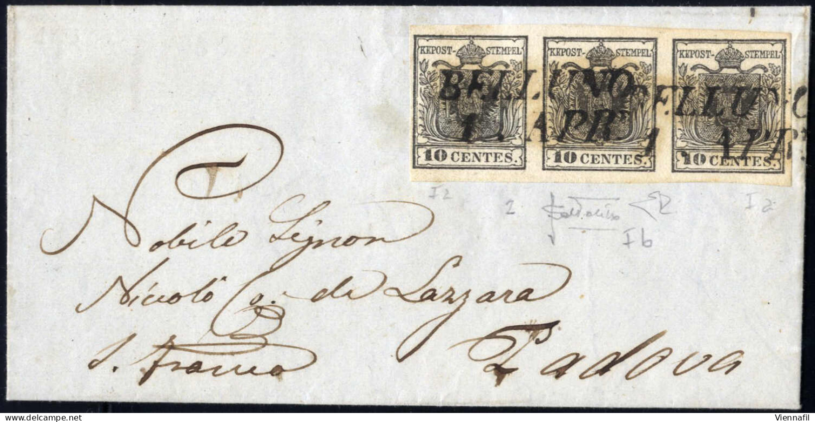 Cover 1853, Lettera Da Belluno Del 1.4 Per Padova Affrancata Con Striscia Di Tre Del 10 C. Nero Carta A Mano Due Sottoti - Lombardy-Venetia