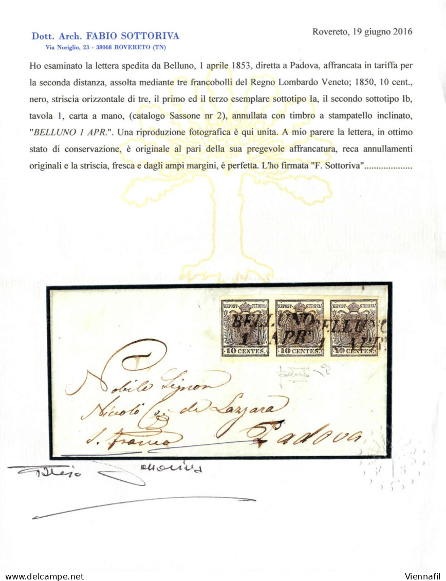 Cover 1853, Lettera Da Belluno Del 1.4 Per Padova Affrancata Con Striscia Di Tre Del 10 C. Nero Carta A Mano Due Sottoti - Lombardije-Venetië