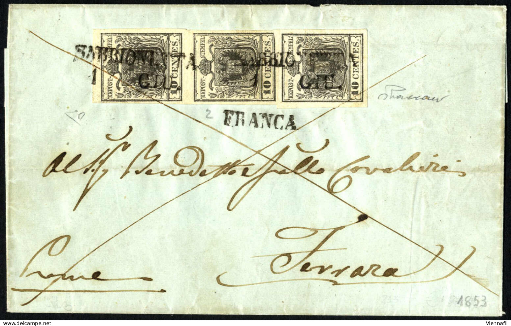Cover 1853, Lettera Da Sabbioneta (SD Punti 6) Del 1.6 Per Ferrara Affrancata Con Coppia Verticale Più Uno Del 10 C. Ner - Lombardy-Venetia