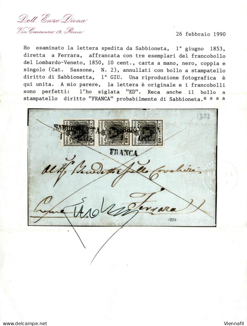 Cover 1853, Lettera Da Sabbioneta (SD Punti 6) Del 1.6 Per Ferrara Affrancata Con Coppia Verticale Più Uno Del 10 C. Ner - Lombardy-Venetia