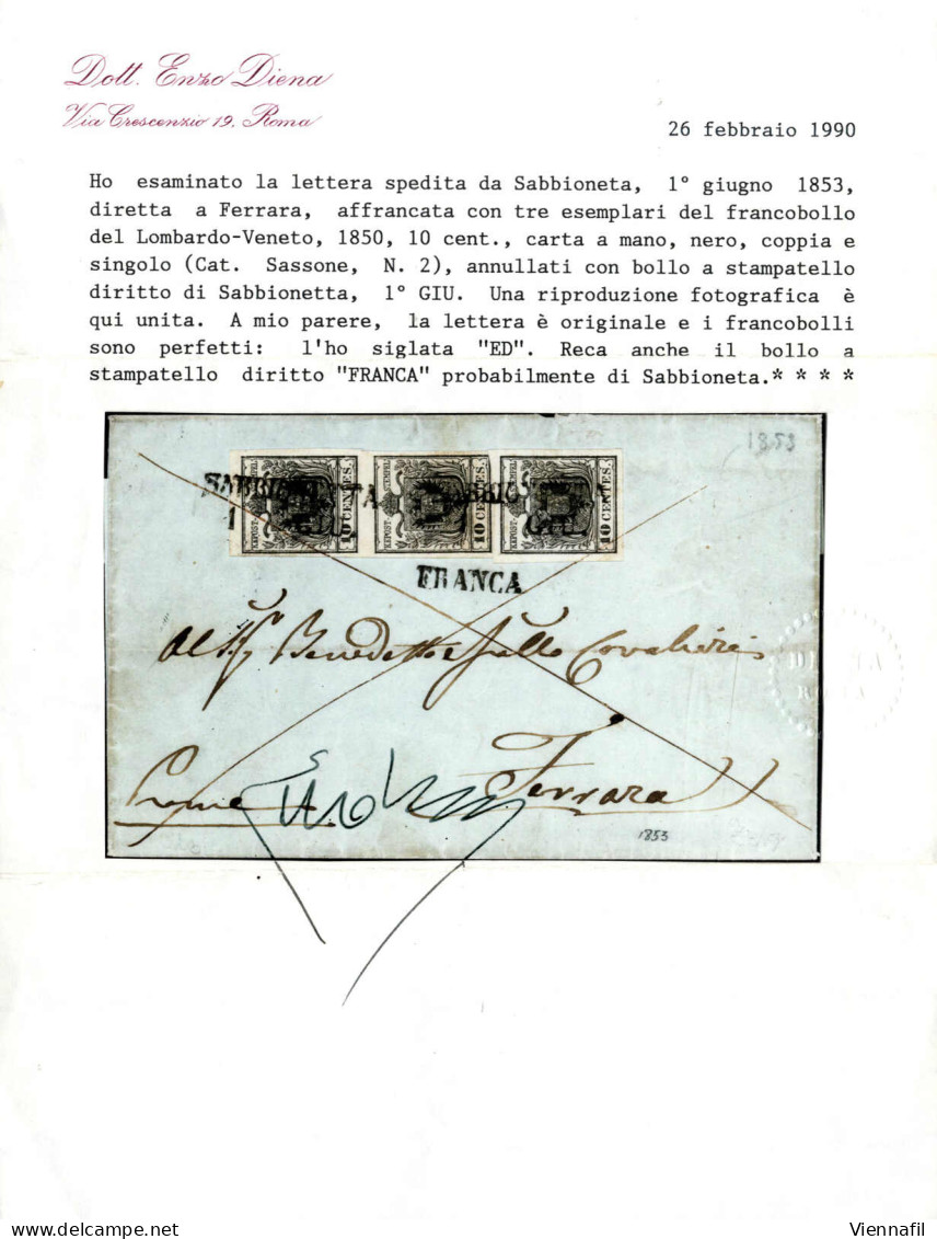 Cover 1853, Lettera Da Sabbioneta (SD Punti 6) Del 1.6 Per Ferrara Affrancata Con Coppia Verticale Più Uno Del 10 C. Ner - Lombardo-Vénétie