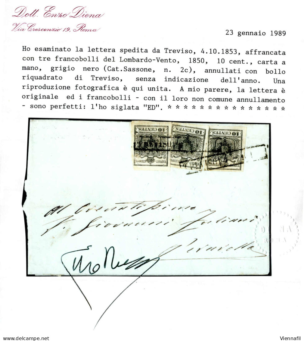 Cover 1853, Lettera Da Treviso (R D Punti 7) Del 4.10 Per Perarollo Affrancata Con Tre 10 C. Grigio Nero Carta A Mano, C - Lombardo-Veneto