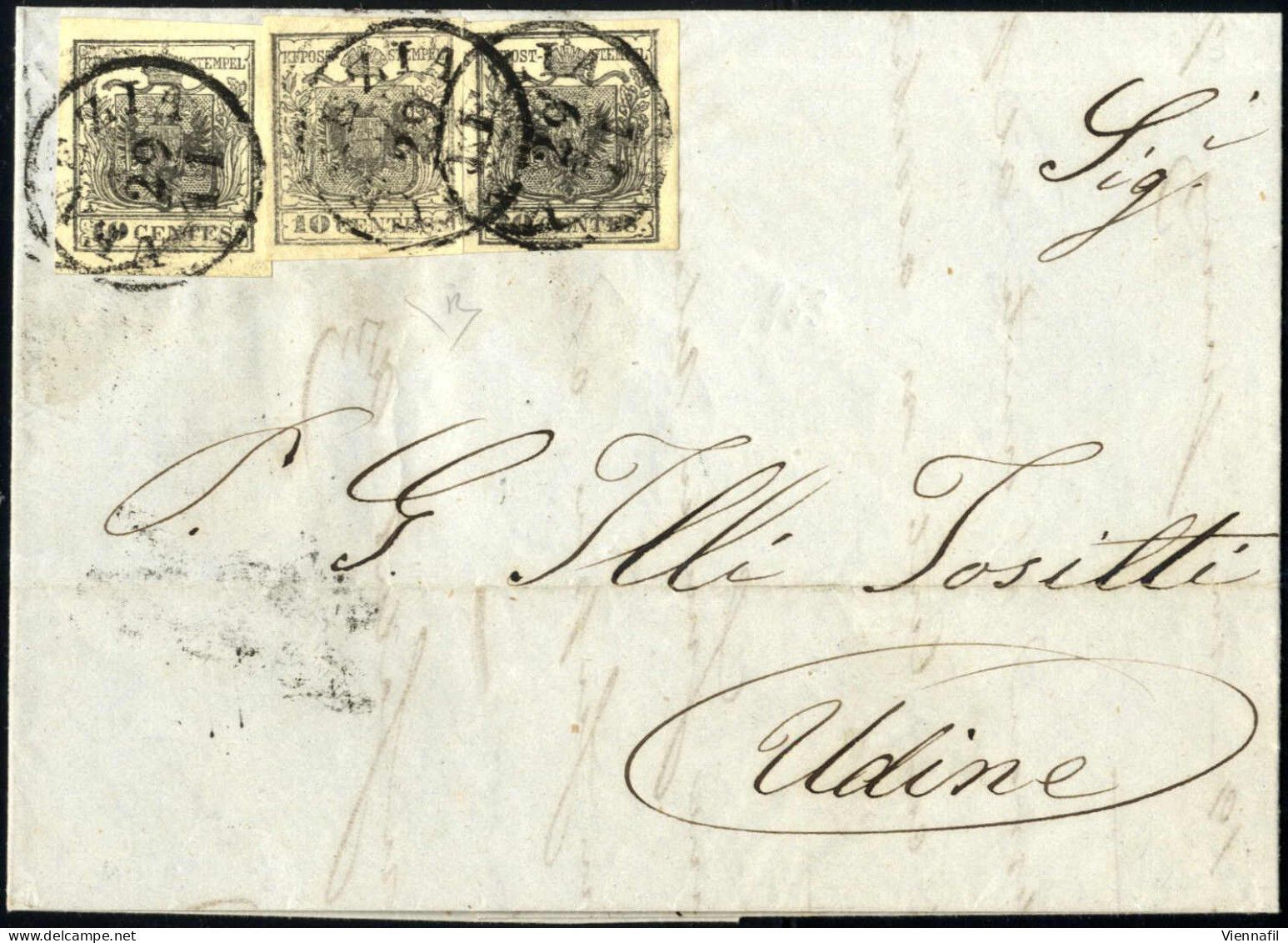 Cover 1853, Lettera Da Venezia Del 29.11 Per Udine Affrancata Con Tre 10 C. Grigio Nero (molto Chiaro Il Valore In Mezzo - Lombardy-Venetia