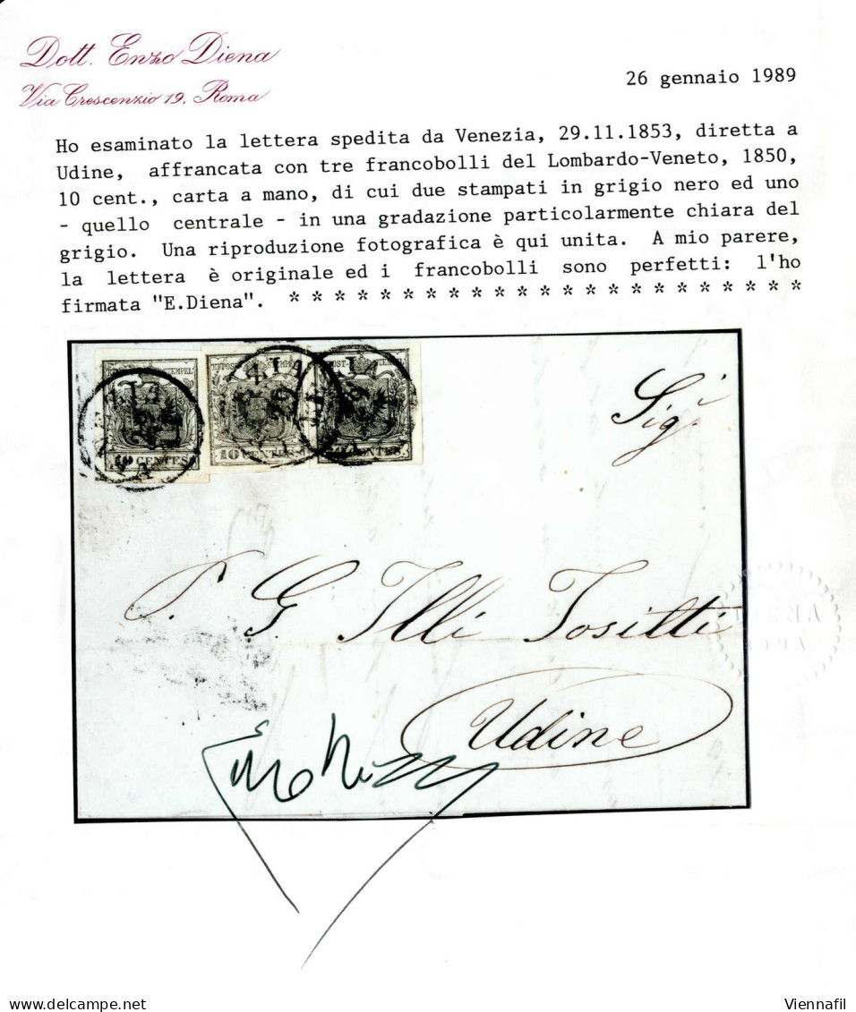 Cover 1853, Lettera Da Venezia Del 29.11 Per Udine Affrancata Con Tre 10 C. Grigio Nero (molto Chiaro Il Valore In Mezzo - Lombardije-Venetië
