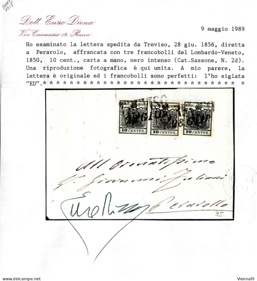 Cover 1856, Lettera Da Treviso Del 28.6 Per Perarollo Affrancata Con Tre 10 C. Nero Intenso Carta A Mano, Cert. Enzo Die - Lombardo-Vénétie