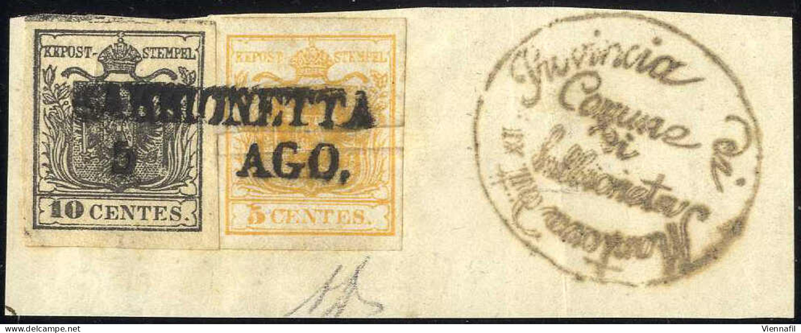 Piece 1850, Frammento Da Sabbionetta (SD Punti 6) Del 5.8 Affrancato Con 5 C. Giallo Ocra (piega Originale Di Carta) E 1 - Lombardo-Veneto