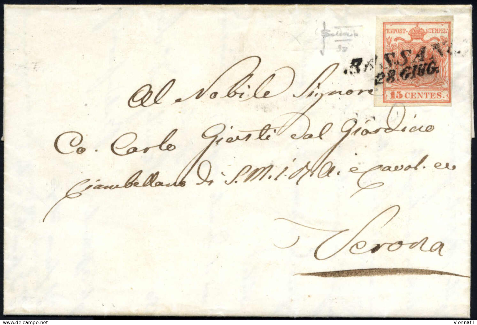 Cover 1850, Bassano, (SI Punti 9) Lettera Del 28.6.1850 Ventottesimo Giorno D'uso Per Verona Affrancata Con 15 C. Rosso  - Lombardo-Vénétie