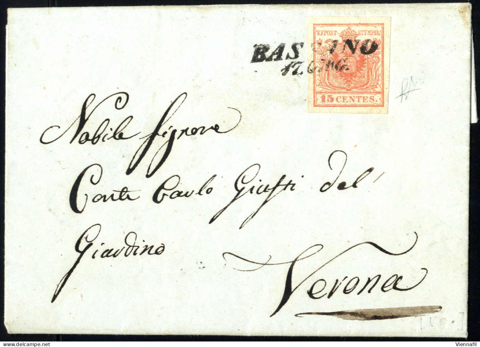 Cover 1850, Bassano, (SI Punti 9), Lettera Del 17.6.1850 Diciasettesimo Giorno D'uso Per Verona Affrancata Con 15 C. Ros - Lombardije-Venetië
