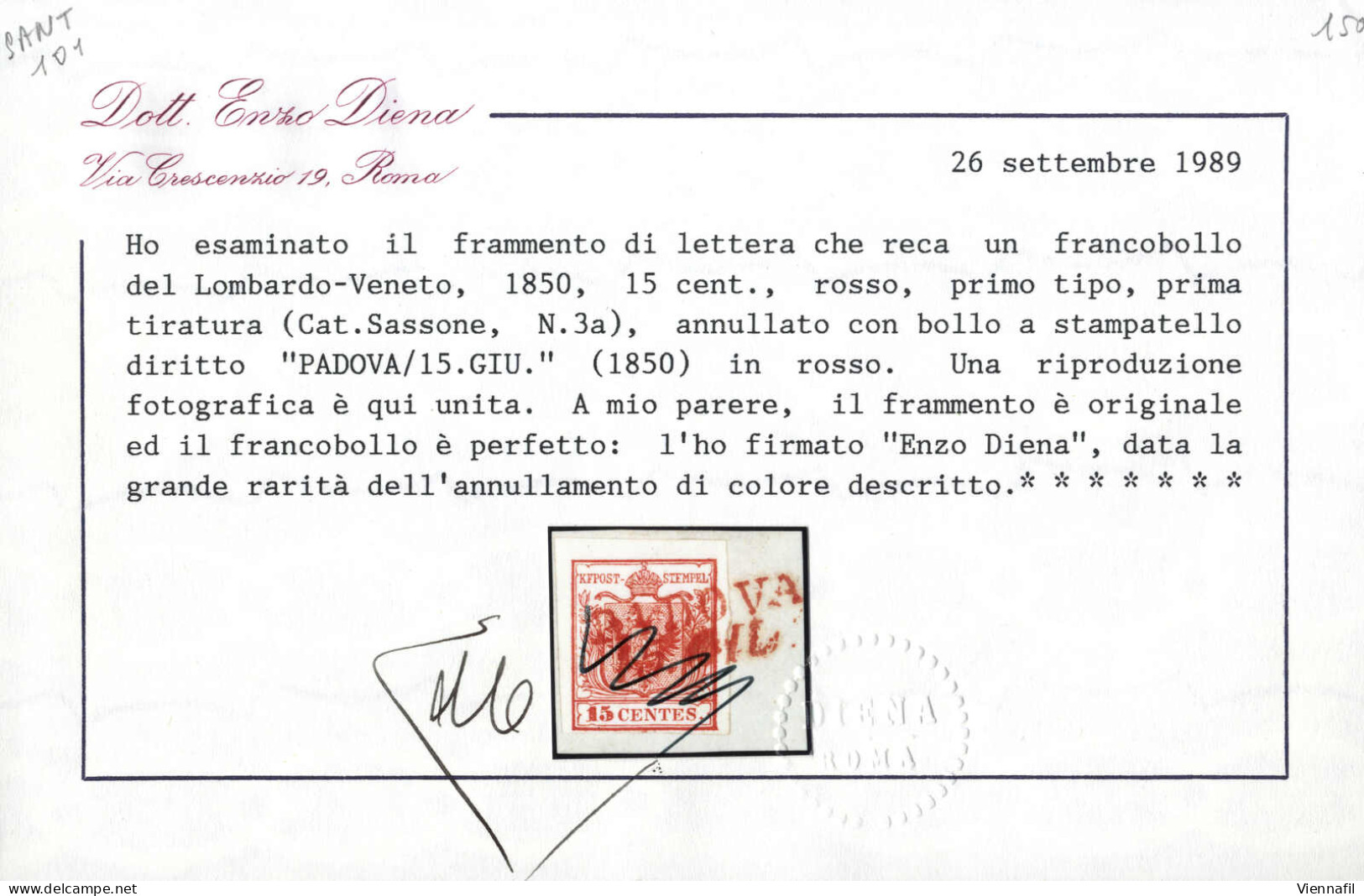 Piece 1850, Padova, SD Rosso Punti R3, Frammento Del 15.6.1850 Quidicesimo Giorno D'uso Affrancato Con 15 C. Rosso I Tip - Lombardy-Venetia