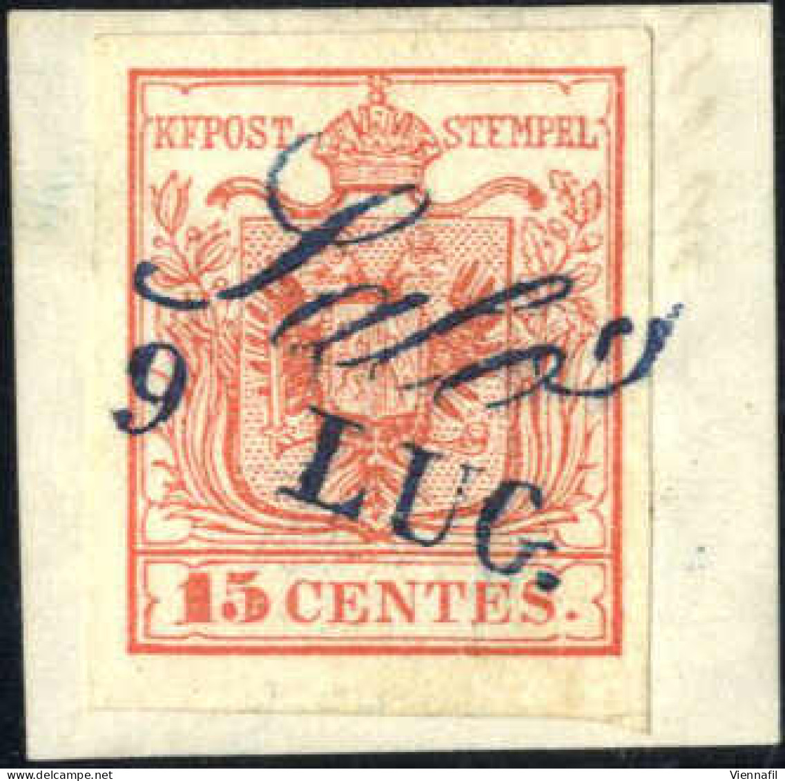 Piece 1850, Salò, (Cor. Azzurro Punti 12) Frammento Del 9.7.1850 Affrancato Con 15 C. Rosso I Tipo Prima Tiratura Carta  - Lombardo-Vénétie