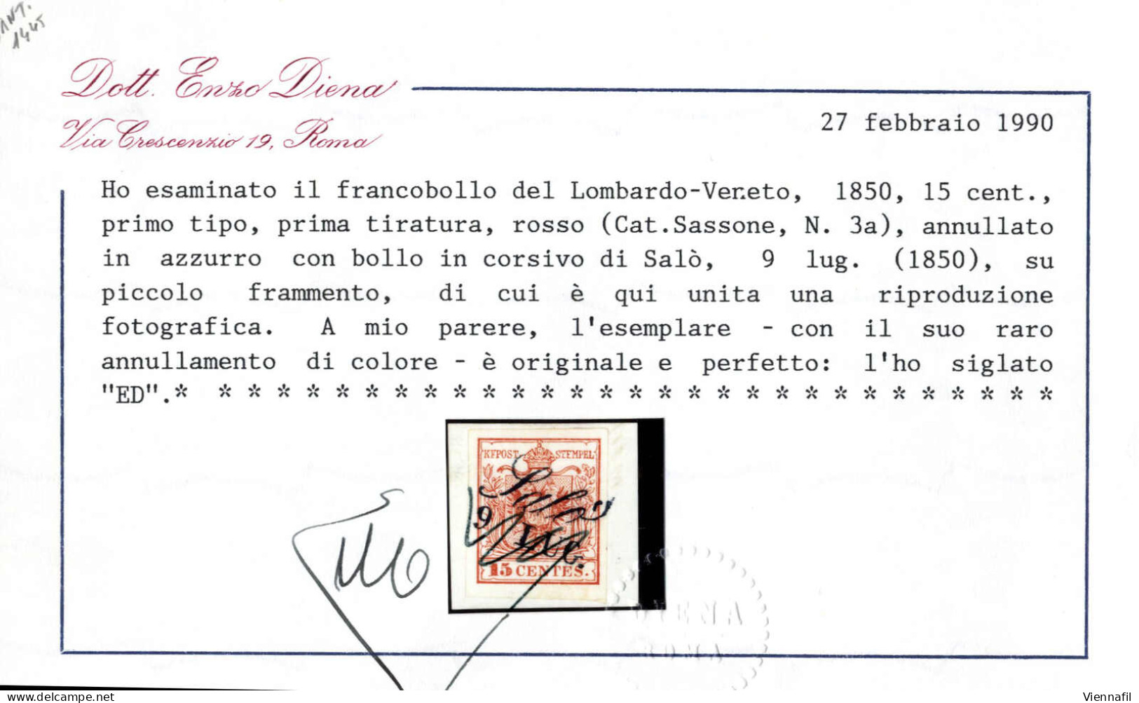 Piece 1850, Salò, (Cor. Azzurro Punti 12) Frammento Del 9.7.1850 Affrancato Con 15 C. Rosso I Tipo Prima Tiratura Carta  - Lombardije-Venetië