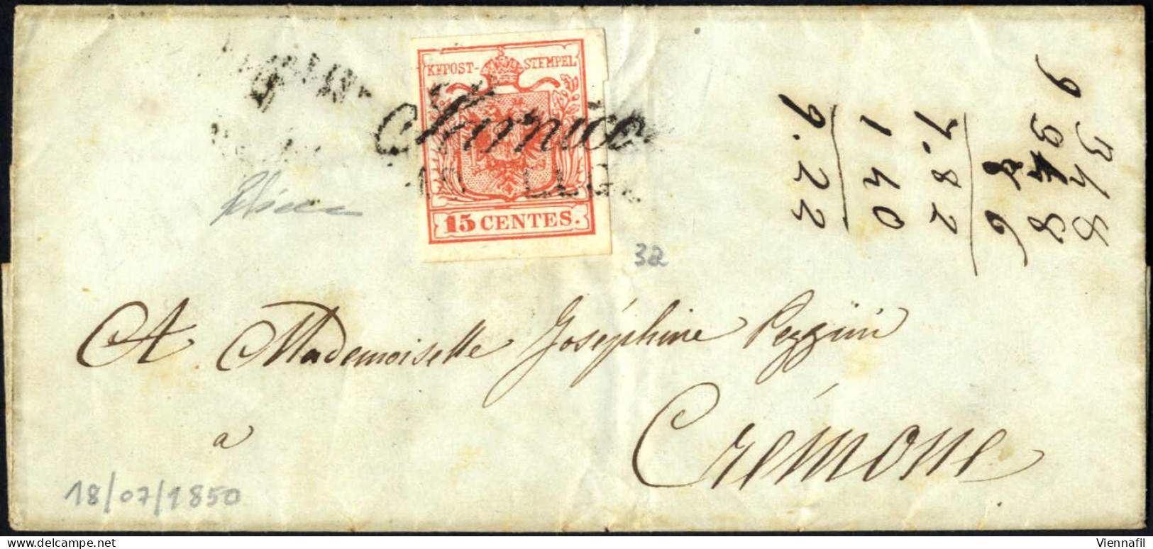 Cover 1850, Sarnico, (Cor. Punti 10) Lettera Del 18.7.1850 Per Cremona Affrancata Con 15 C. Rosso I Tipo Prima Tiratura  - Lombardo-Vénétie