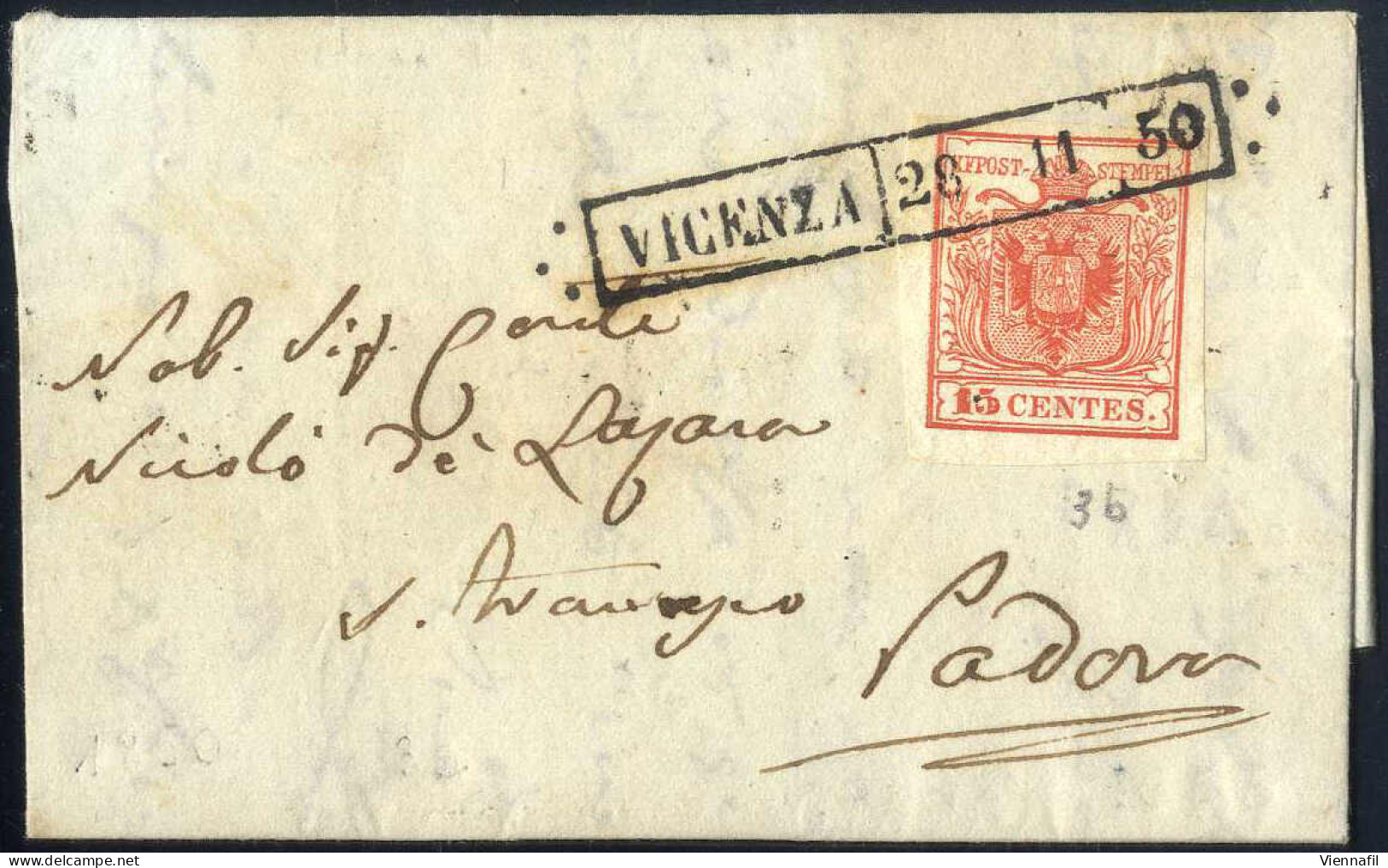 Cover 1850, Vicenza, R50 Punti 6, Lettera Del 28.11 Per Padova Affrancata Con 15 C. Rosso Carminio I Tipo Prima Tiratura - Lombardo-Vénétie