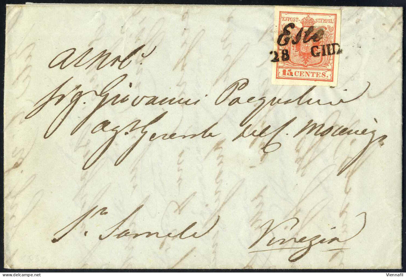 Cover 1850. Este, (Cor. Punti 5) Lettera Del 28.6.1850 Ventottesimo Giorno D'uso Per Venezia Affrancata Con 15 C. Rosso  - Lombardo-Vénétie