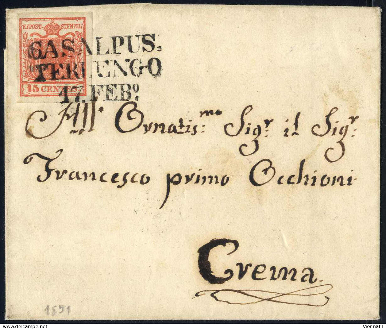 Cover 1851, Casalpus.terlengo, SD Punti 5, Lettera Del 17.2.1851 Per Crema Affrancata Con 15 C. Rosso Vermiglio I Tipo C - Lombardo-Vénétie