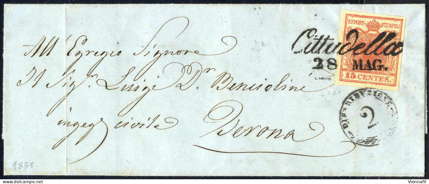 Cover 1851, Lettera Da Cittadella Del 28.5 Per Verona Affrancata Con 15 C. Rosso I Tipo Carta A Mano, Sass. 3 - Lombardy-Venetia