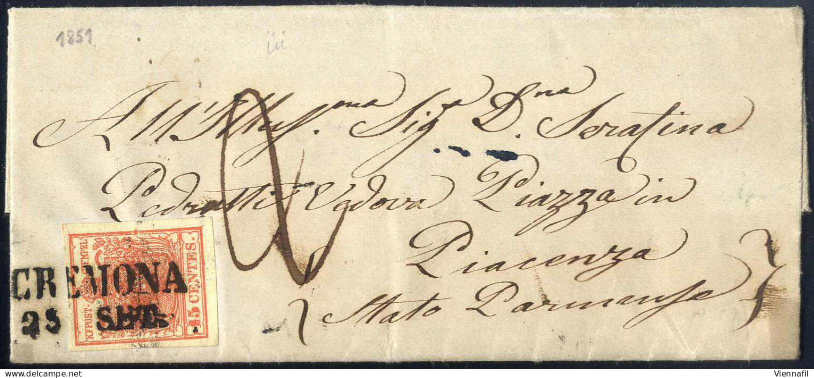 Cover 1851, Lettera Da Cremona Del 23.9 Per Piacenza Affrancata Con 15 C. Rosso I Tipo Carta A Mano, Sass. 3 - Lombardy-Venetia