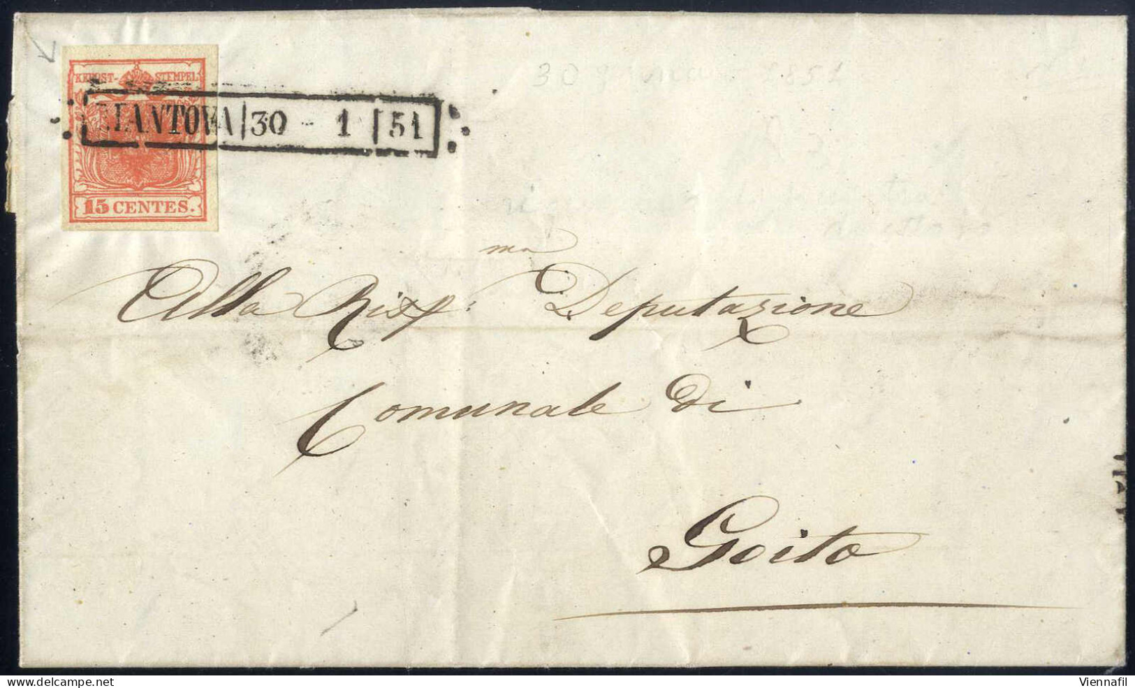 Cover 1851, Lettera Da Mantova (R51 Punti 3) Del 30.1 Per Goito, Affrancata Con 15 C. Rosso I Tipo Carta A Mano, Difetto - Lombardo-Venetien