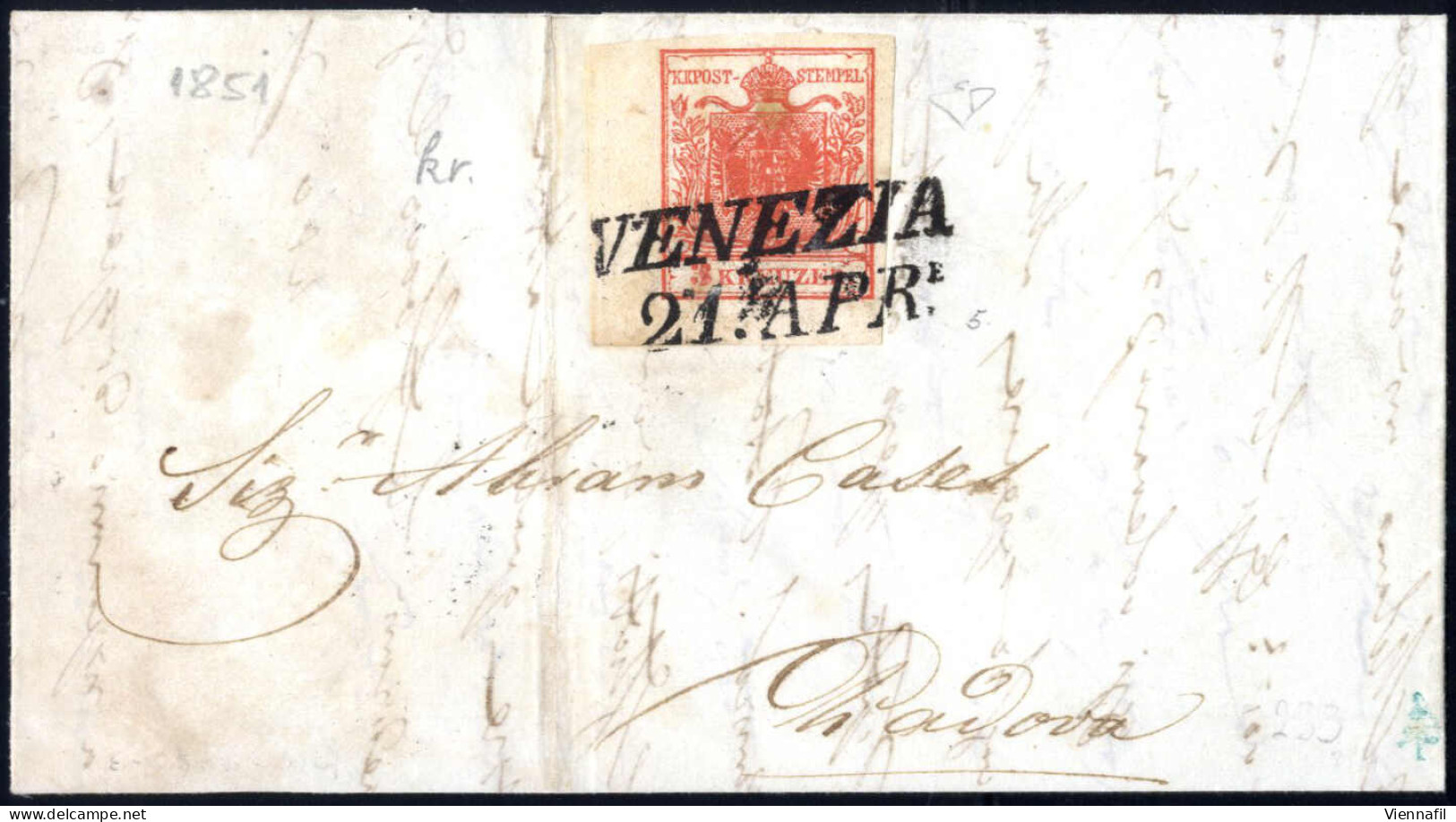 Cover 1851, Lettera Da Venezia (SI Punti 6) Del 21.4 Per Padova Affrancata Con 3 Kreuzer Rosso Carta A Mano, Angolo Di F - Lombardy-Venetia