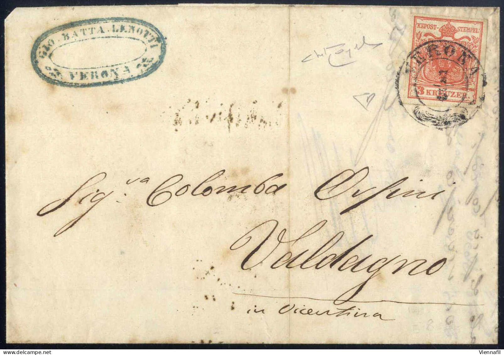 Cover 1851, Lettera Da Verona (2CO Punti 6) Del 7.5 Per Valdagno Affrancata Con 3 Kreuzer Rosso Carta A Mano, Cert. Enzo - Lombardo-Venetien