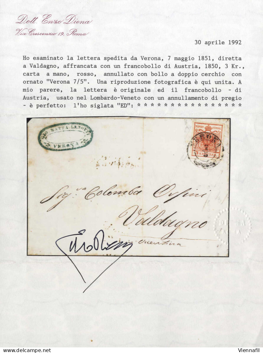 Cover 1851, Lettera Da Verona (2CO Punti 6) Del 7.5 Per Valdagno Affrancata Con 3 Kreuzer Rosso Carta A Mano, Cert. Enzo - Lombardo-Venetien