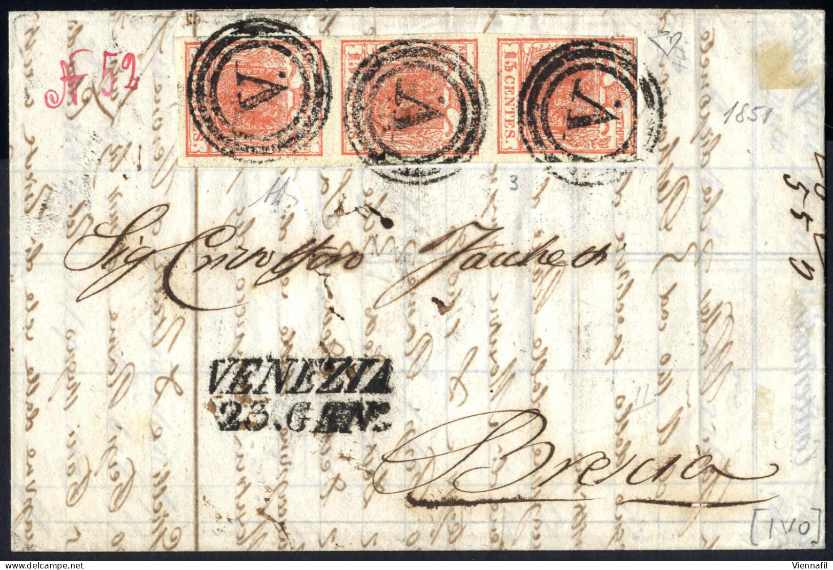Cover 1851, Venezia, (M Punti 8), Lettera Del 23.1.1851 Per Brescia Affrancata Con Striscia Verticale Di Tre 15 C. Rosso - Lombardo-Vénétie