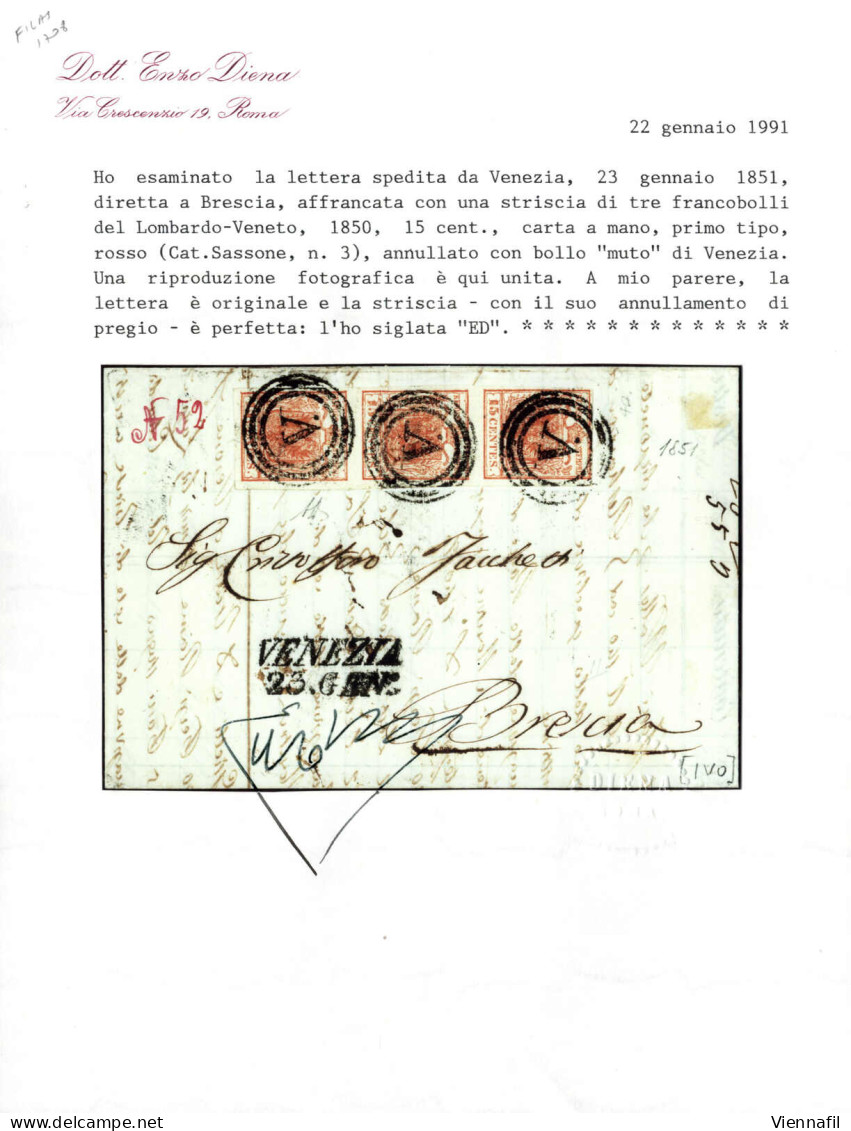 Cover 1851, Venezia, (M Punti 8), Lettera Del 23.1.1851 Per Brescia Affrancata Con Striscia Verticale Di Tre 15 C. Rosso - Lombardo-Venetien