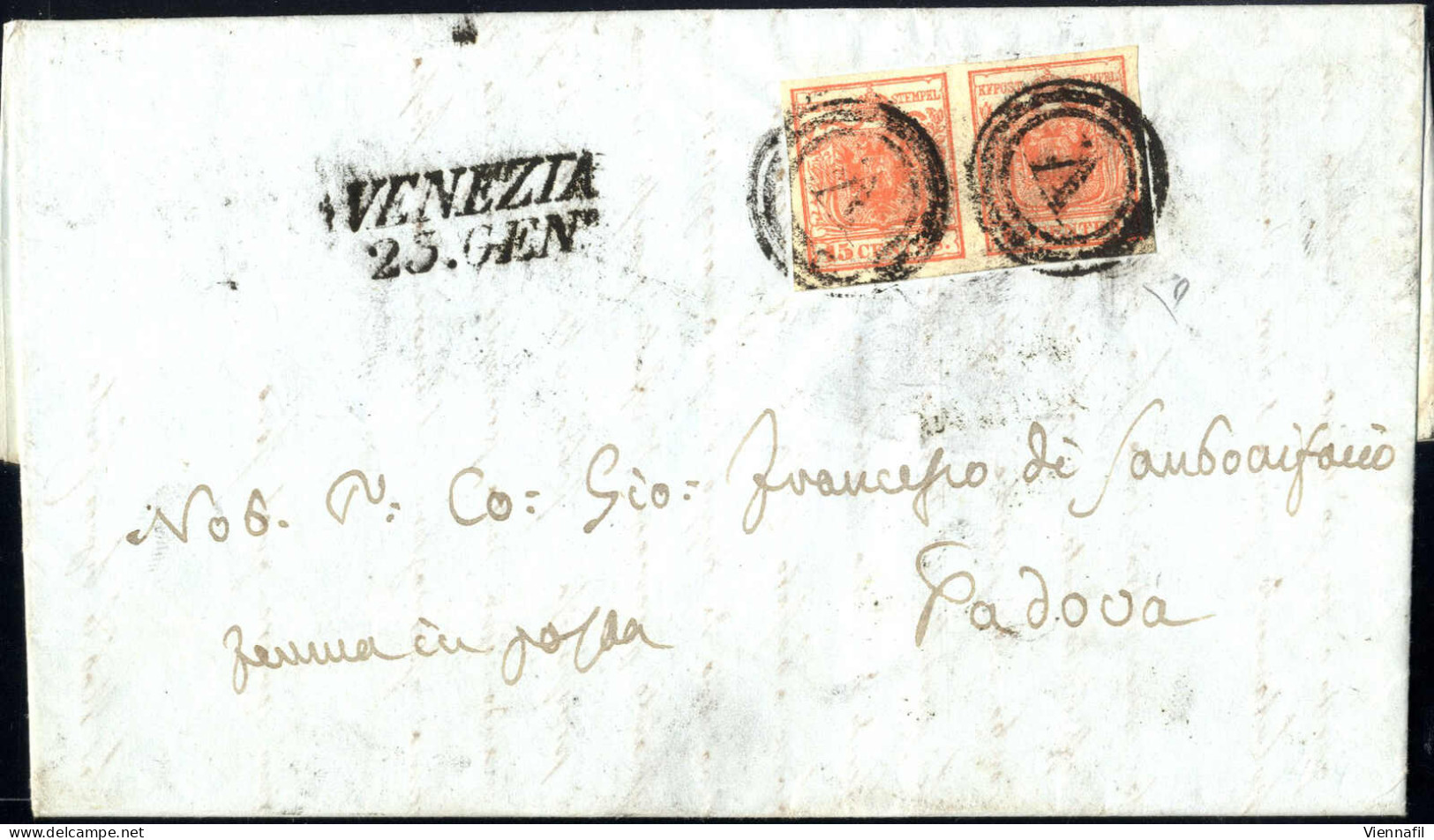 Cover 1851, Venezia, M, SI Punti 8, Lettera Del 23.1.1851 Per Padova Affrancata Con Coppia 15 C. Rosso Vermiglio I Tipo  - Lombardo-Vénétie
