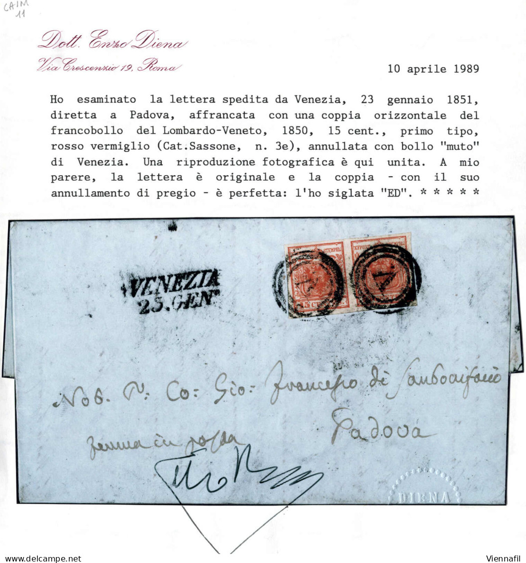 Cover 1851, Venezia, M, SI Punti 8, Lettera Del 23.1.1851 Per Padova Affrancata Con Coppia 15 C. Rosso Vermiglio I Tipo  - Lombardo-Vénétie