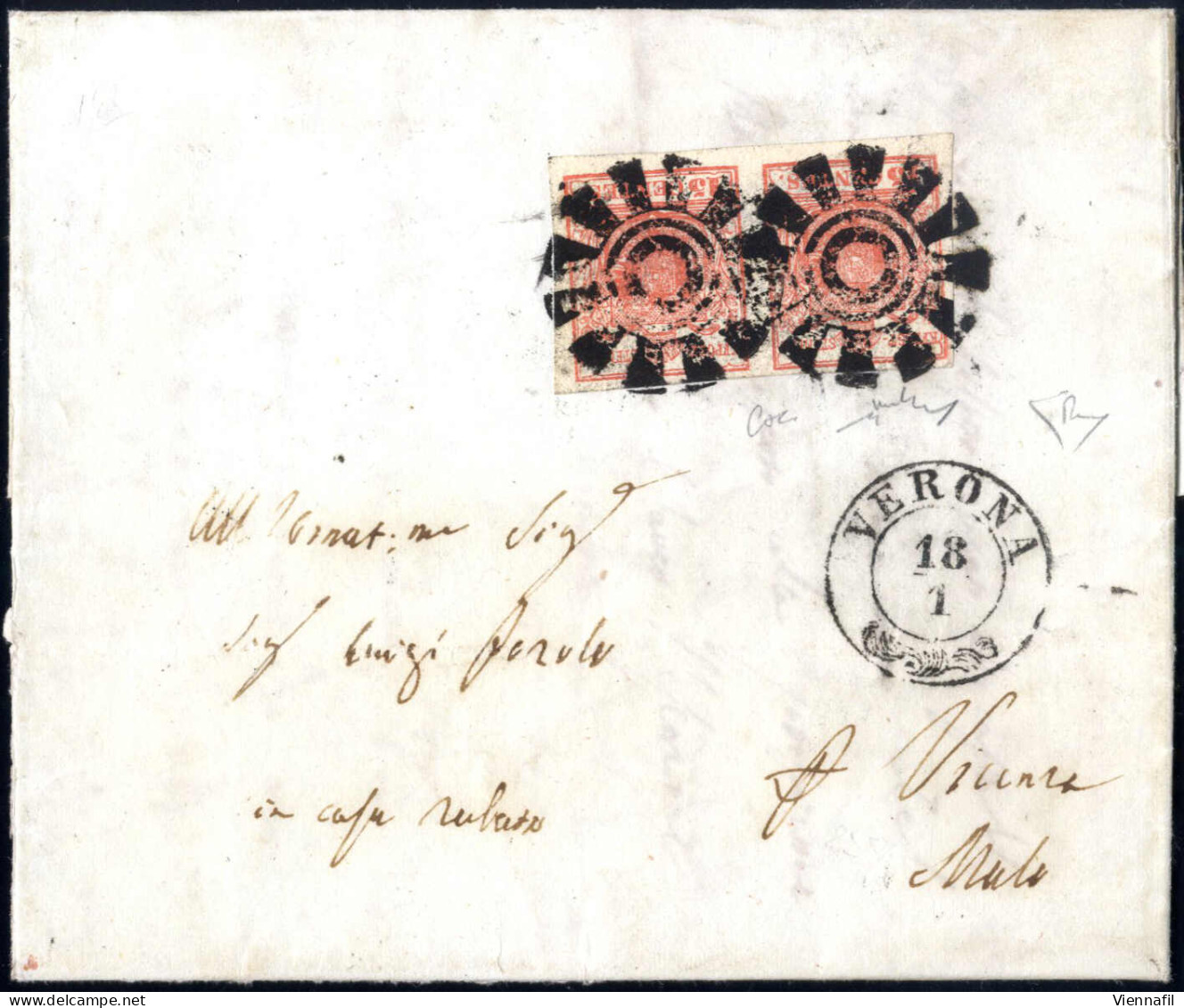 Cover 1851, Verona, M, 2CO Punti 11, Lettera Del 18.1.1851 Per Malo Affrancata Con Coppia 15 C. Rosso I Tipo Carta A Man - Lombardo-Vénétie