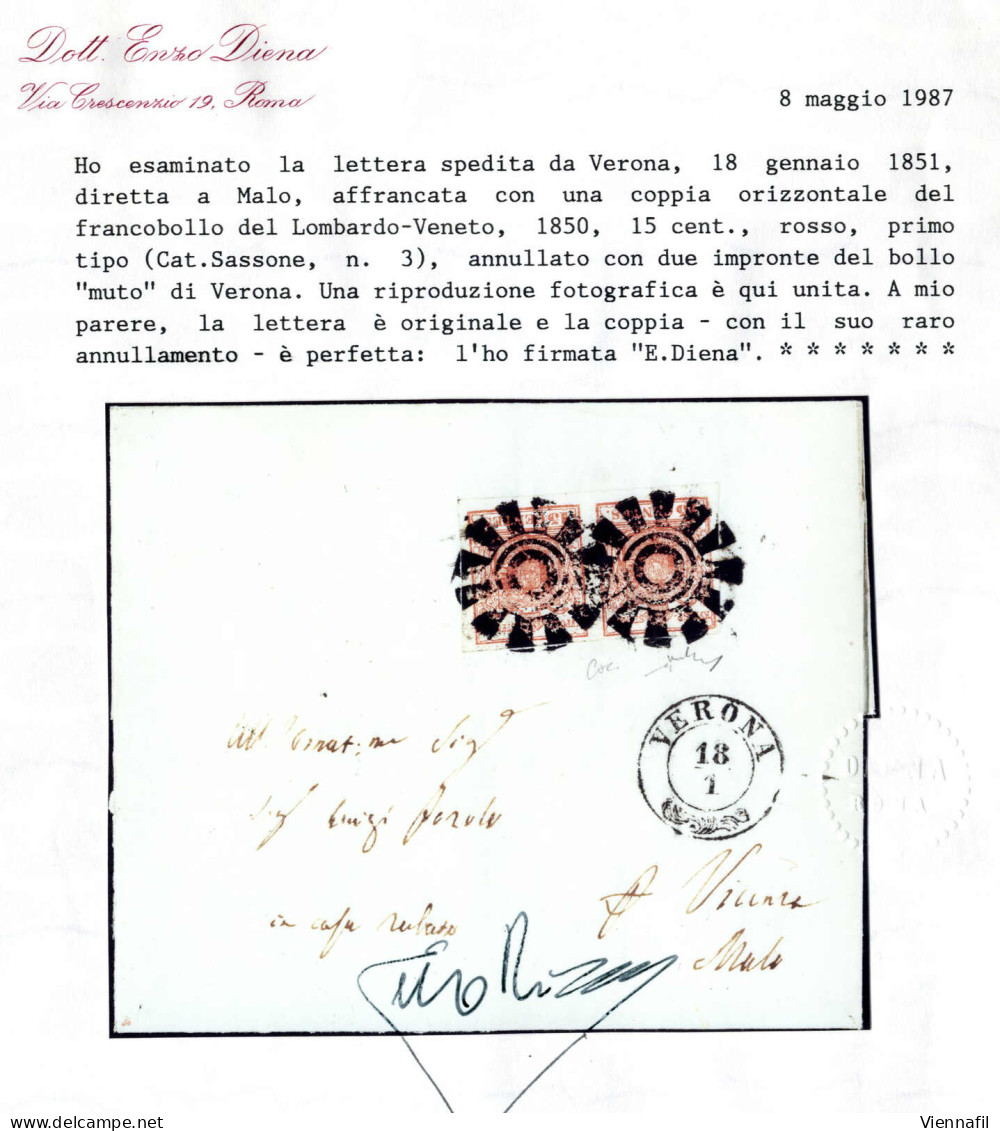 Cover 1851, Verona, M, 2CO Punti 11, Lettera Del 18.1.1851 Per Malo Affrancata Con Coppia 15 C. Rosso I Tipo Carta A Man - Lombardo-Vénétie
