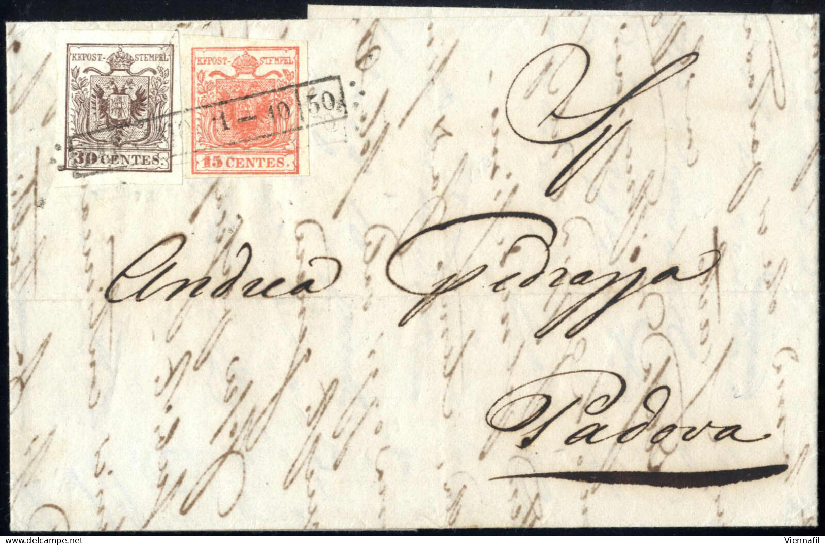 Cover 1850, Lettera Da Bergamo (R50 Punti 5) Del 21.10 Per Padova Affrancata Con 15 C. Rosso E 30 C. Bruno I Tipo Prima  - Lombardije-Venetië