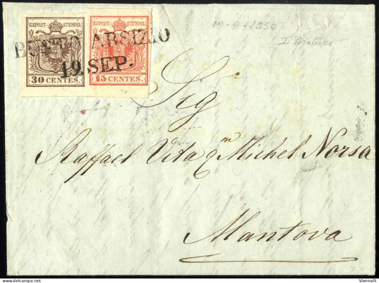 Cover 1850, Lettera Da Busto Arsizio (SD Punti 4) Del 19.9 Per Mantova Affrancata Con 15 C. Rosso E 30 C. Bruno I Tipo P - Lombardy-Venetia