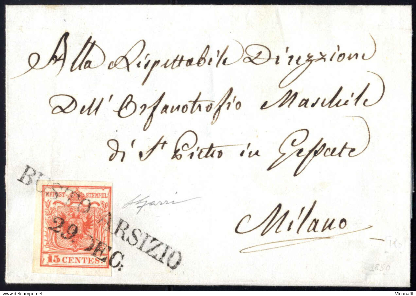 Cover 1850, Lettera Da Busto Arsizio (SD Punti 4) Del 29.12 Per Milano Affrancata Con 15 C. Rosso I Tipo Prima Tiratura  - Lombardy-Venetia