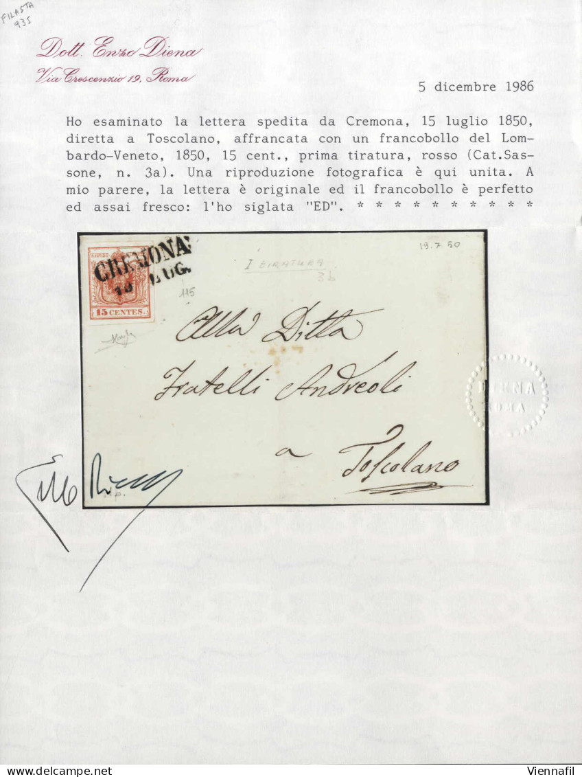 Cover 1850, Lettera Da Cremona Del 15.7 Per Toscolano Affrancata Con 15 C. Rosso I Tipo Prima Tiratura Carta A Mano, Fir - Lombardo-Vénétie