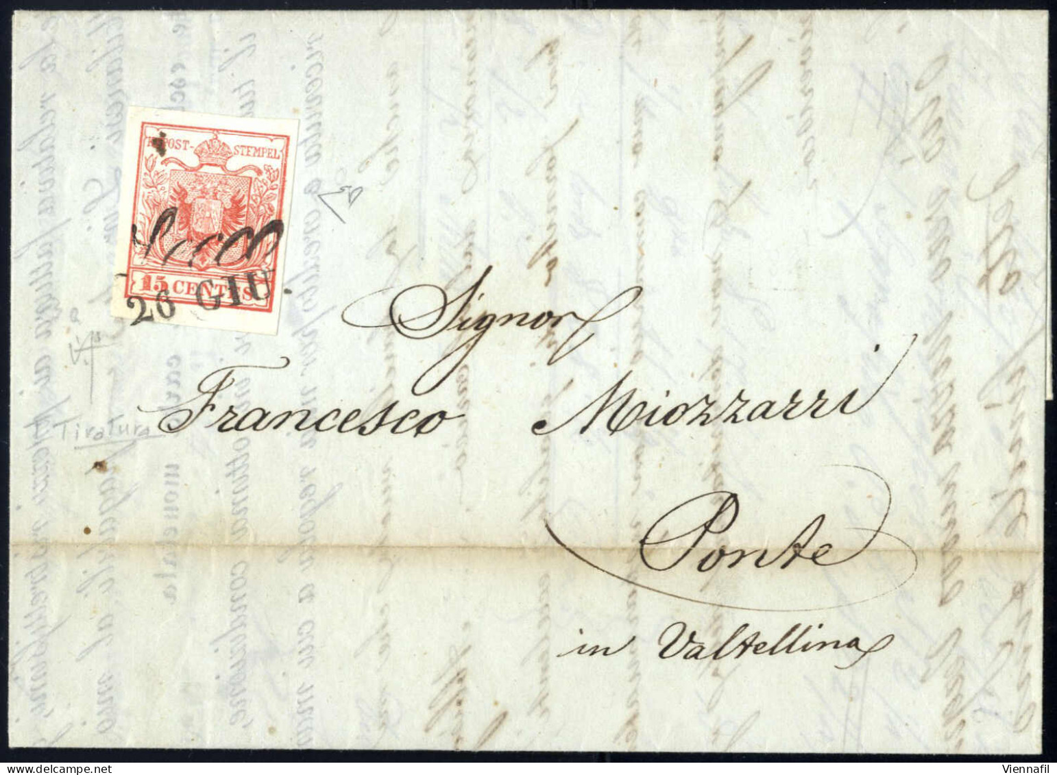 Cover 1850, Lettera Da Lecco Del 26.6 Ventiseiesimo Giorno D'uso Per Ponte Affrancata Con 15 C. Rosso I Tipo Prima Tirat - Lombardy-Venetia