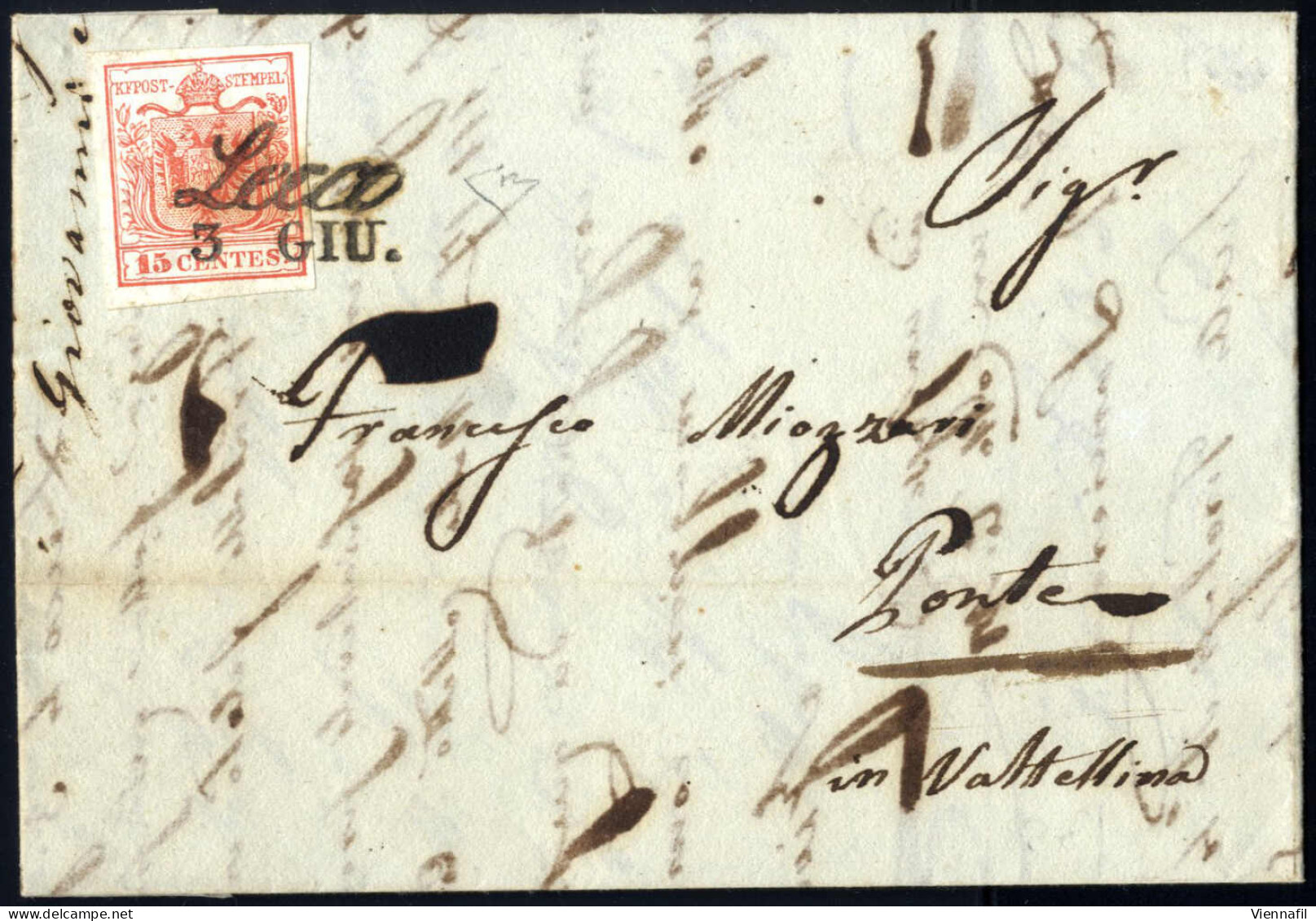 Cover 1850, Lettera Da Lecco Del 3.6 Terzo Giorno D'uso Per Ponte Affrancata Con 15 C. Rosso I Tipo Prima Tiratura Carta - Lombardy-Venetia