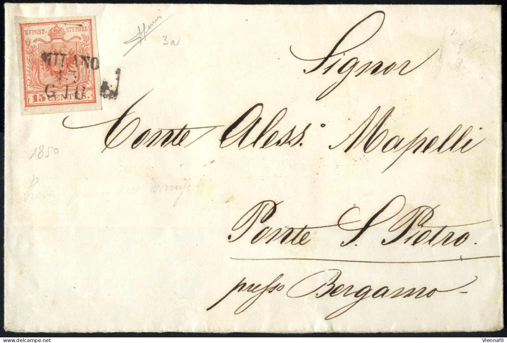 Cover 1850, Lettera Da Milano (SD I Punti 6) Del 13.6 Tredicesimo Giorno D'uso Per Ponte S. Pietro Affrancata Con 15 C.  - Lombardy-Venetia