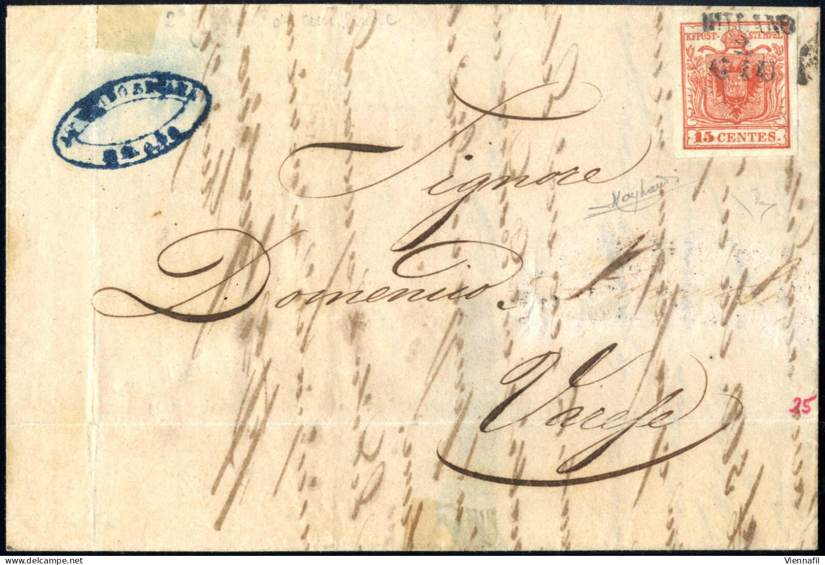 Cover 1850, Lettera Da Milano (SD I Punti 6) Del 2.6 Secondo Giorno D'uso Per Varese Affrancata Con 15 C. Rosso I Tipo P - Lombardo-Vénétie