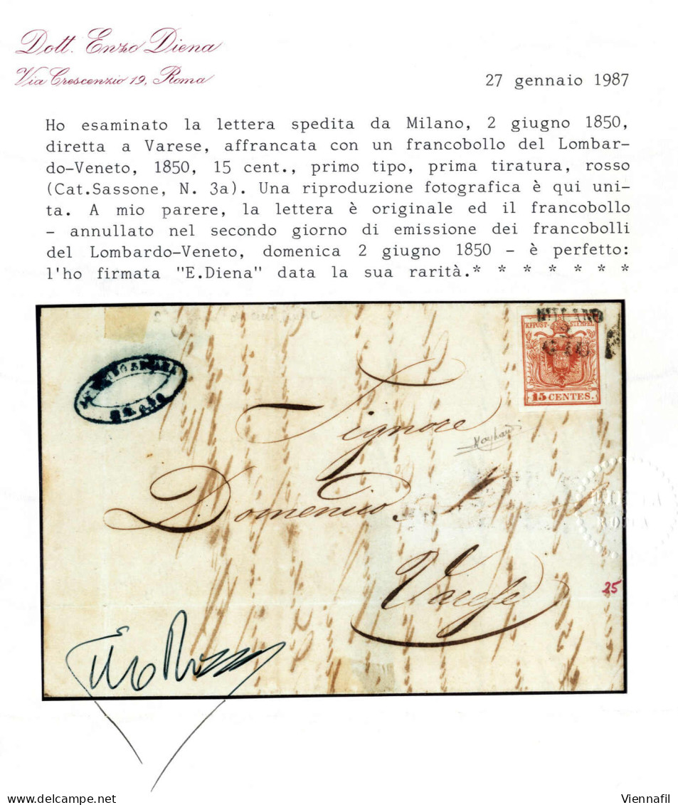 Cover 1850, Lettera Da Milano (SD I Punti 6) Del 2.6 Secondo Giorno D'uso Per Varese Affrancata Con 15 C. Rosso I Tipo P - Lombardo-Vénétie