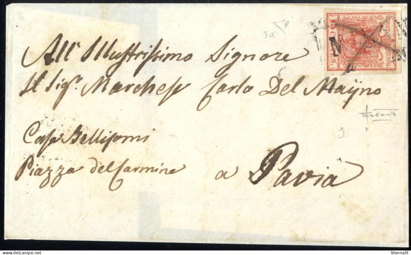 Cover 1850, Lettera Da Milano (SD II + Croce A Penna Punti 9) Del 4.8 Per Pavia Affrancata Con 15 C. Rosso I Tipo Prima  - Lombardo-Vénétie