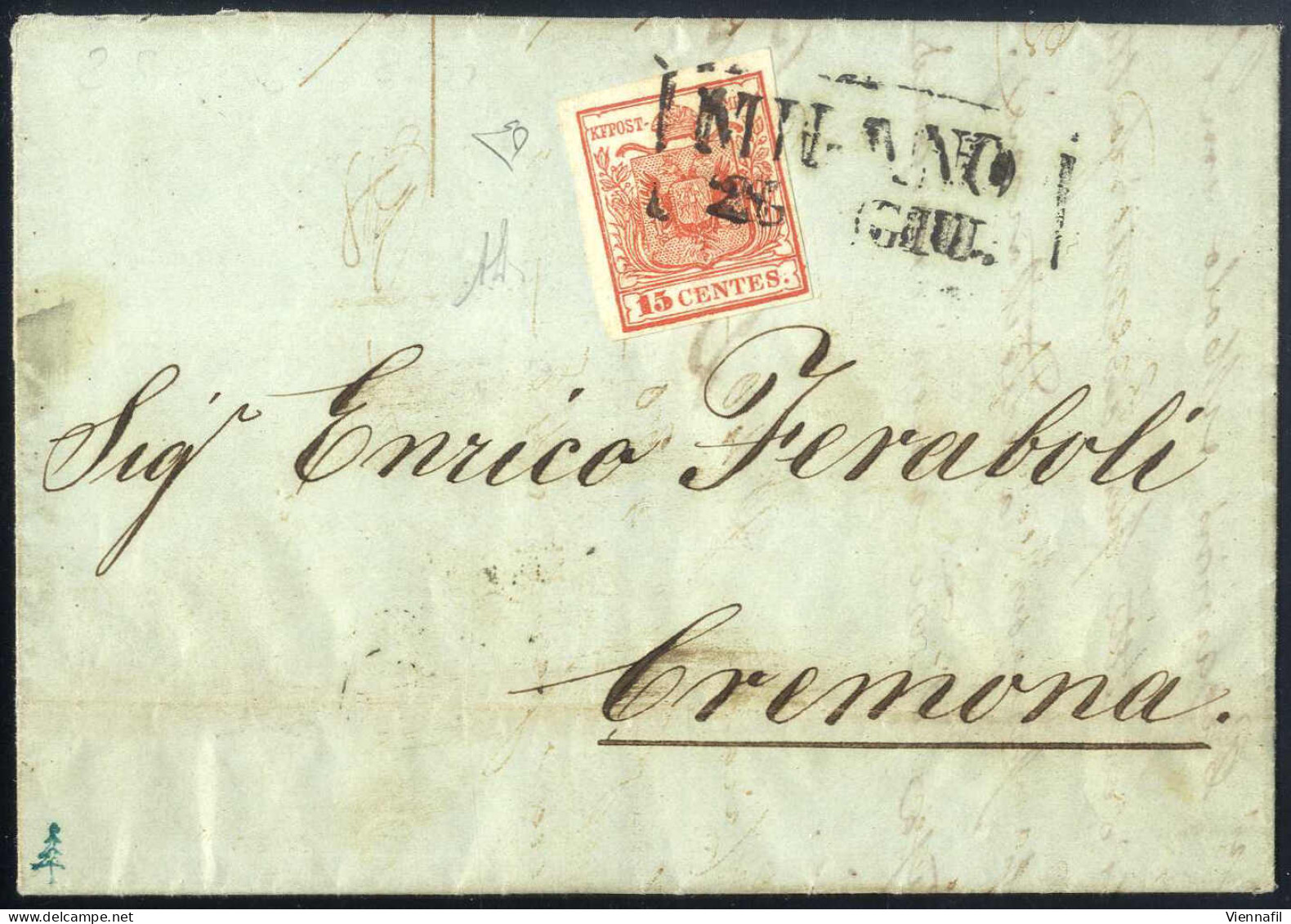 Cover 1850, Lettera Da Milano (SD II Parzialmente Riquadrato Punti 7) Del 28.6 Ventottesimo Giorno D'uso Per Cremona Aff - Lombardo-Vénétie