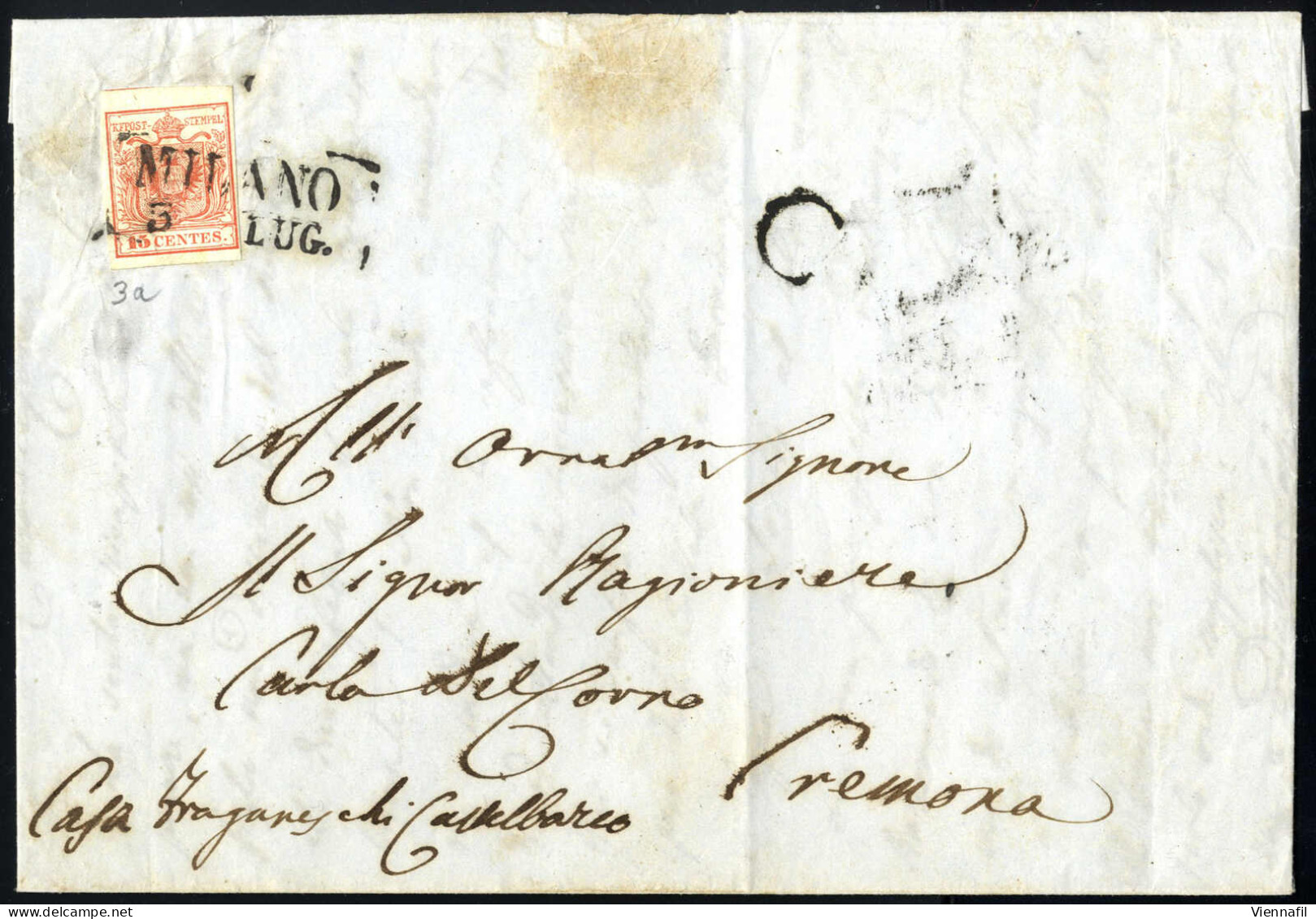 Cover 1850, Lettera Da Milano (SD II Punti 7) Per Cremona Affrancata Con 15 C. Rosso I Tipo Prima Tiratura Carta A Mano, - Lombardo-Vénétie