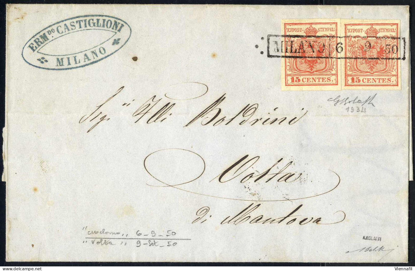 Cover 1850, Lettera Da Milano Del 6.9 Per Volta, Affrancata Con Due 15 C. Rosso I Tipo Prima Tiratura Carta A Mano, Firm - Lombardo-Vénétie