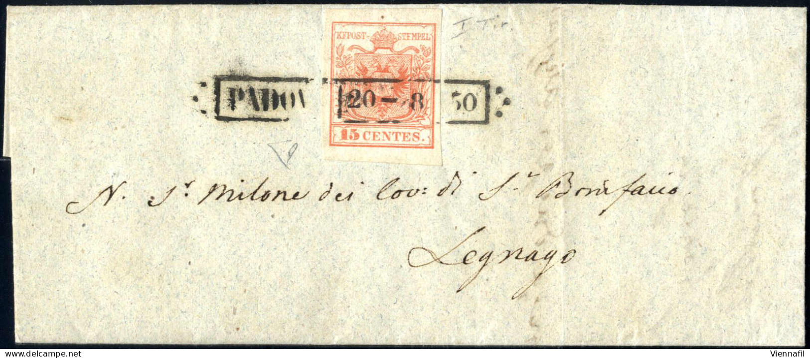 Cover 1850, Lettera Da Padova (R50 Punti 5) Del 20.8 Per Legnago Affrancata Con 15 C. Rosso I Tipo Prima Tiratura Carta  - Lombardo-Vénétie